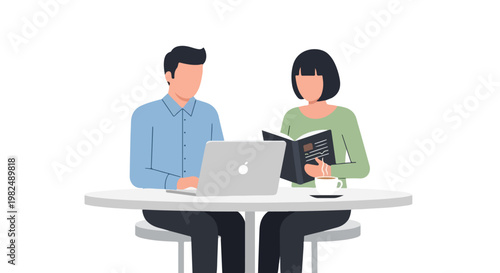 A man works on a laptop while a woman reads a book with a cup of coffee at a round table in this minimalist vector illustration.