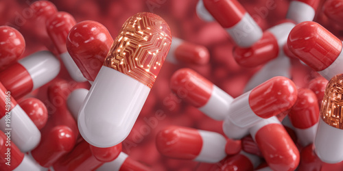 Red and white capsules with a digital circuit pattern inside one capsule, symbolizing technology in medicine and digital health innovation.