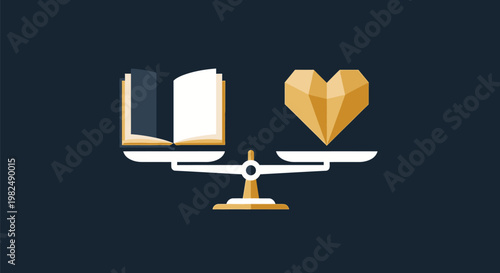 Conceptual balance scale comparing open book and golden heart.
