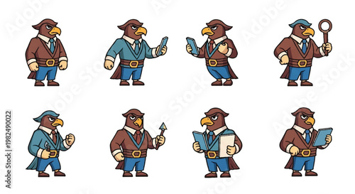 Cartoon eagle character set poses actions and attire