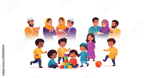 A vibrant vector illustration portrays a joyful Muslim family celebration during Eid al-Adha, with diverse children playing with blocks and a ball in the foreground, set against a clean