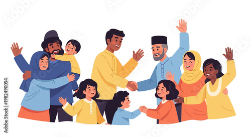Against a clean white background, an illustration depicts a diverse muslim family celebration, showcasing a vibrant eid gathering scene with multiple generations interacting and waving
