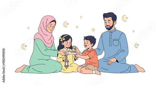 A heartwarming eid family gathering vector illustration shows a Muslim family celebrating Eid al-Adha, with parents and children exchanging gifts against a clean white background, depicted