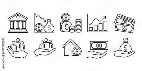 Financial including bank building money coins graphs people and house in white background