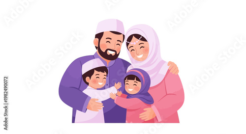 A heartwarming vector illustration shows a happy Muslim family embracing during an Eid al-Adha celebration, set against a clean white background with soft lighting and conveying a joyful