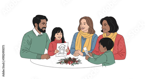Warm illustration of a diverse family enjoying an Eid al-Adha celebration, the cheerful scene depicting parents and children gathered around a table with gifts against a clean white