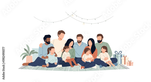 Warm illustration design of a diverse family celebrating Eid al-Adha with an intimate gathering scene, depicted with soft, muted colors and a focus on togetherness against a clean white