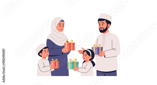 Illustrated Eid family gathering shows a Muslim family celebrating Eid al-Adha, exchanging gifts in a heartwarming scene with soft pastel colors against a clean white background