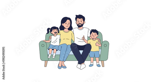 On a clean white backdrop, a family of four is depicted in a vector illustration, celebrating Eid al-Adha with a warm gathering scene, showcasing a happy moment of togetherness and cultural