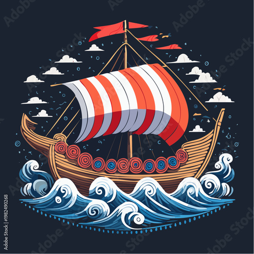 Powerful Viking Longship Sailing Through Ocean Waves in a Flat Design Illustration