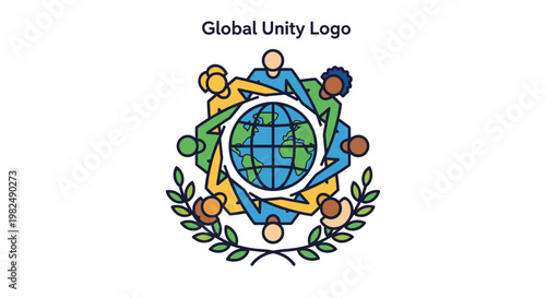 Global unity logo featuring diverse people embracing the earth, surrounded by olive branches, symbolizing teamwork, peace, and global cooperation. this scalable design uses a