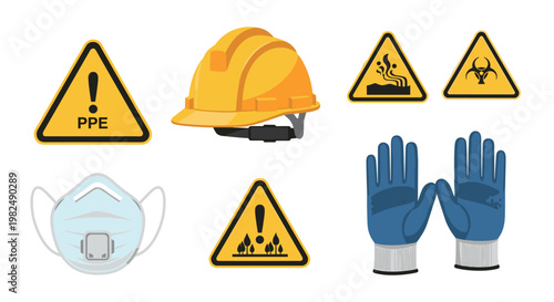 Essential personal protective equipment (ppe) set, featuring a hard hat, respirator mask, gloves, and hazard warning signs in yellow and black. safety equipment for construction,