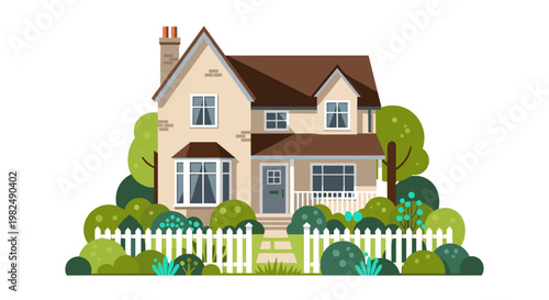 Charming residential house with a brown roof, beige walls, and white picket fence, surrounded by green trees and bushes, depicting a peaceful suburban home in a flat, scalable