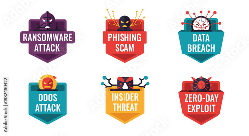 Cybersecurity threats depicted through a collection of badges, showcasing ransomware attack, phishing scam, data breach, ddos attack, insider threat, and zero-day exploit. each