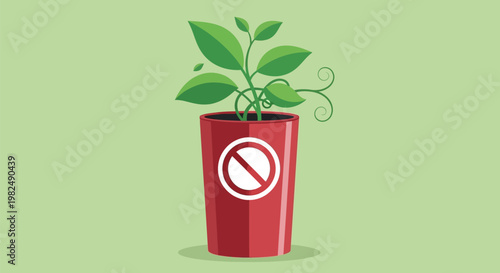 A red flower pot containing a green plant with a prohibition symbol icon.