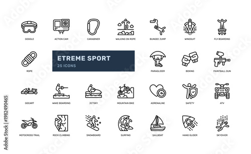 Extreme Sport Line Icon Set Adventure Outdoor Activity Outline