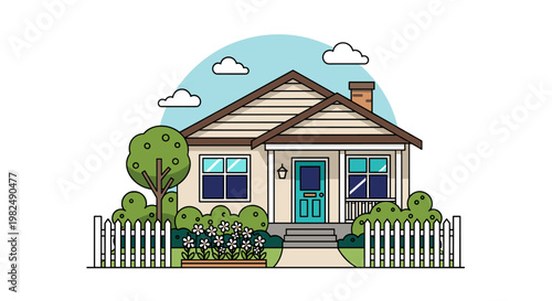 A charming cottage scene showcases a quaint house with a teal front door, white picket fence, and lush green trees. soft clouds float in a bright blue sky, creating a serene,
