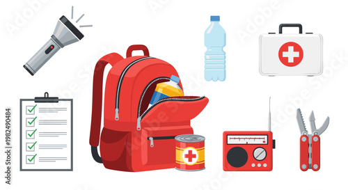 Red backpack with emergency supplies, including flashlight, water bottle, first aid kit, checklist, canned food, radio, and multi-tool, essential items prepared for disaster,