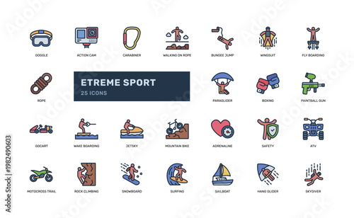 Extreme Sport Colored Outline Icon Set Adventure Activity Symbol