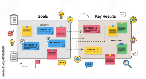 Visual representation of business goals and key results. a colorful, clean vector design depicts objectives, milestones, and success metrics using sticky notes, icons, and arrows,