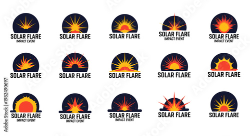 Collection of solar flare logos with dynamic, radiating bursts of energy depicted in vibrant orange and yellow hues against a deep navy blue semi-circular backdrop, suitable for