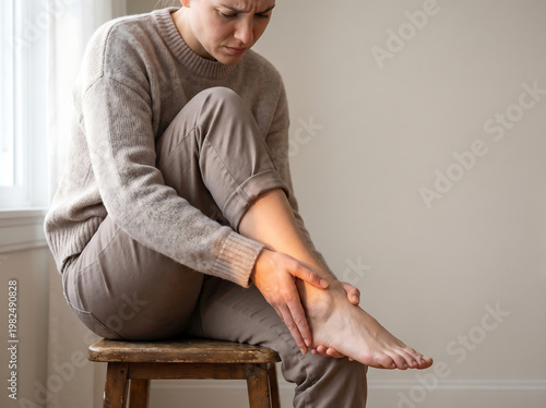 Young woman sitting on a stool and holding her painful ankle, suffering from foot injury or sprain at home