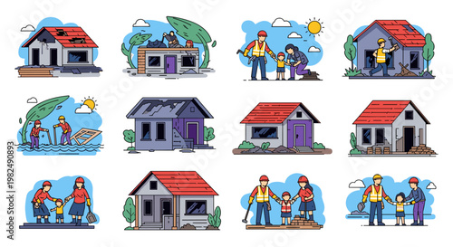 Illustrated scenes depict home repair and reconstruction efforts after a storm, showcasing families and construction workers collaborating to rebuild damaged houses with red