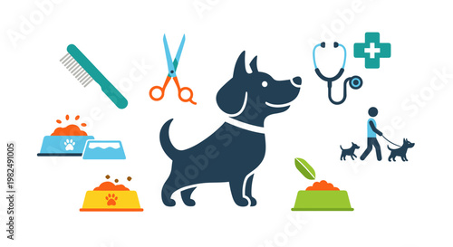 A happy dog surrounded by grooming tools, food bowls, a stethoscope, a medical cross, and a person walking with dogs, all in a flat, colorful style, perfect for pet care and