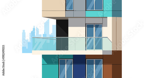 Modern architectural facade featuring a balcony, windows, and a cityscape silhouette, rendered in a flat, minimalist style. this scalable design showcases a contemporary building