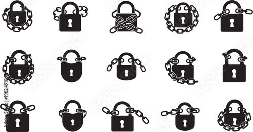 Black and white illustration of various padlocks and chains in different positions