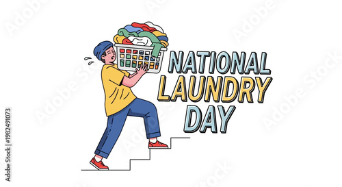 Illustrated vector of a person carrying a laundry basket up stairs, celebrating National Laundry Day with a cheerful design against a white backdrop, promoting clean clothes and home