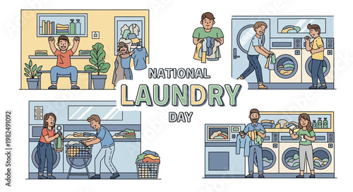 Illustrations commemorate National Laundry Day with people doing home laundry activity, showcasing clothes washing routine in a modern laundry room design and clean clothes concept