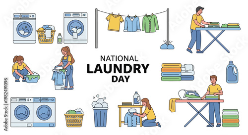 Vector illustrations depict National Laundry Day with various home laundry activities and equipment, including washing machines, clotheslines, ironing, and laundry baskets against a clean