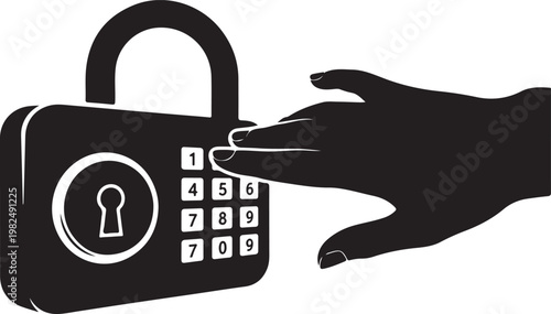 Hand pressing button on combination lock with keyhole  secure access control system