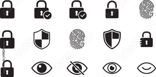 Security and protection icons including locks and shields with eyes and fingerprints
