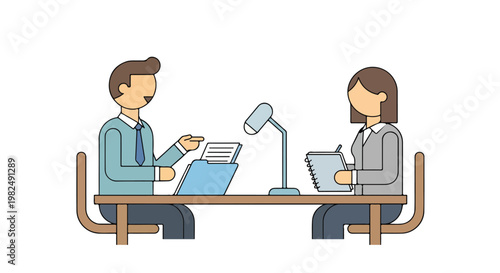 A man and woman in business attire conduct a meeting or interview at a desk equipped with a folder, notebook, and lamp in a flat vector style.