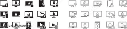 Security icons of computers and devices with locks and keys on white background