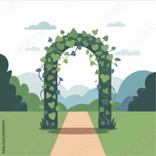 Colorful cartoon garden archway with heart shaped leaves pathway illus