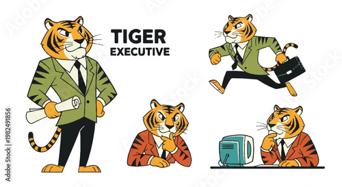 Cartoon tiger character poses executive business wear illustrations