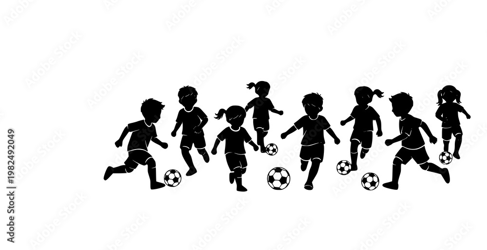 Obraz premium Kids playing soccer silhouette vector illustration children football game isolated