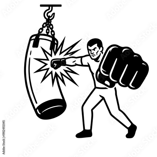 boxer punching punching bag line drawing illustration vector clipart black and white