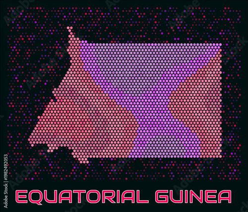 Equatorial Guinea digital style hexagon map. Vibrant magenta purple pink neon dotted shape. Country tiny bright hexagon cells. Equatorial Guinea honeycomb map design. Modern Vector Illustration.