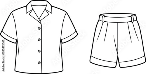 Flat vector casual shirt and shorts fashion sketch with pleated details