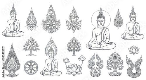 Buddha Images Collection: Meditating Figures, Dharma Wheel, Lotus, Naga Serpent