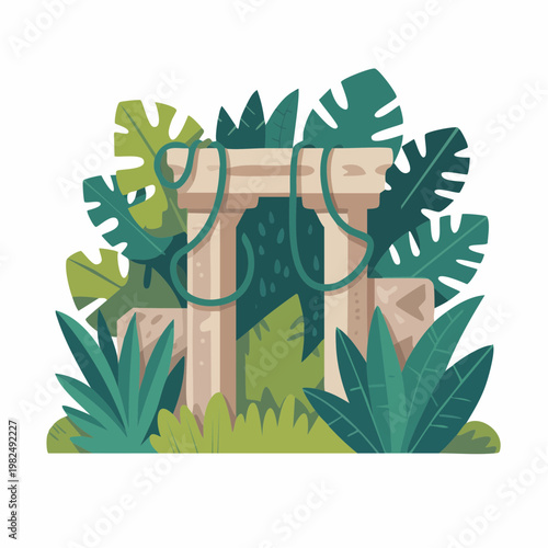 vintage stone archway overgrown with tropical green vines and plants i