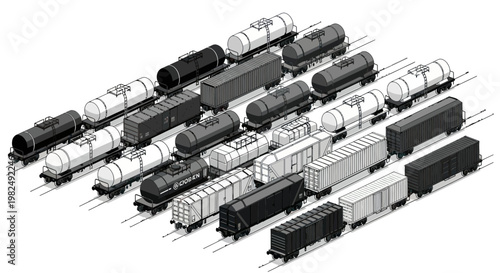 Freight train cars arranged diagonally on tracks, variety of railcars, industrial transport