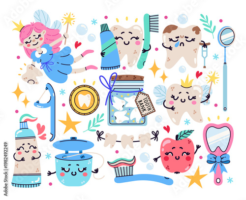 Dental care vector illustration set. Cute tooth fairy, lost teeth, toothpaste, dental floss, toothbrush. Oral health, hygiene. Hand drawn colorful cartoon clip art. For kids clinics, pediatrics, print