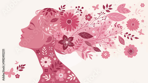 A beautiful woman's silhouette filled with vibrant flowers and leaves