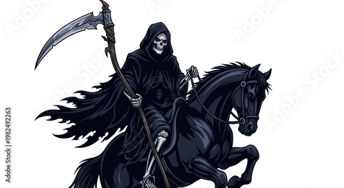 Grim Reaper on Black Horse with Scythe, Death Symbol, Halloween, Fantasy