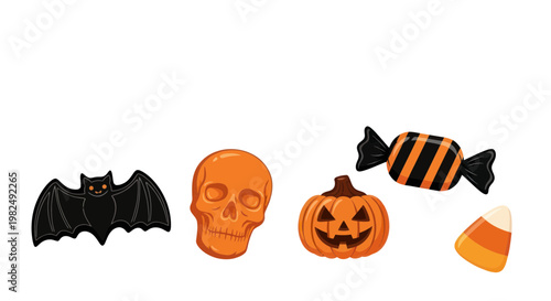 Halloween Symbols: Bat, Skull, Pumpkin, Candy Corn and Wrapped Candy